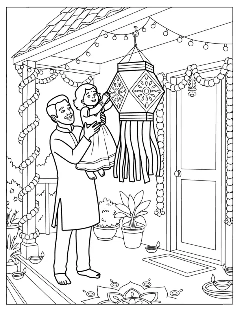 Apa segít gyermekének felakasztani egy Diwali-lámpást.