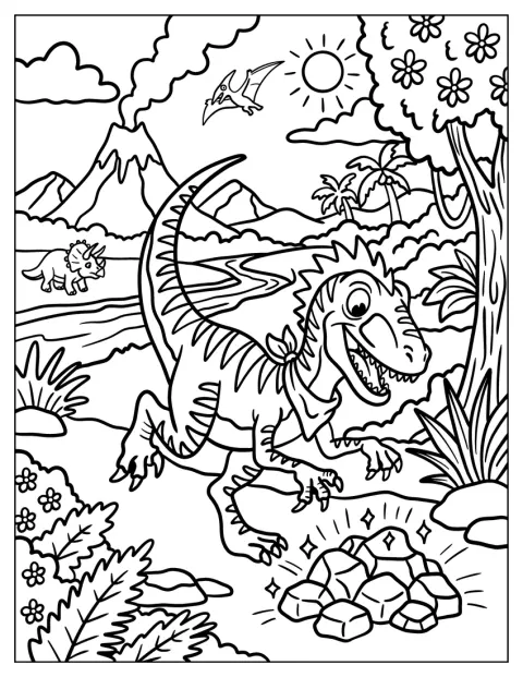 Un Velociraptor felice trova alcune uova di dinosauro.