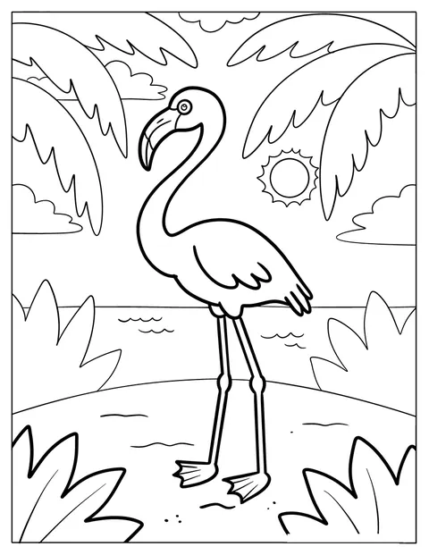 En flamingo står ved strandkanten med hav og tropisk natur rundt seg.