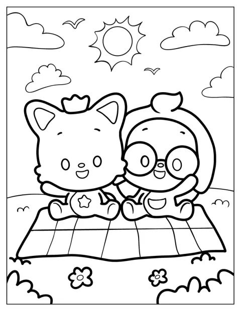 Na kocu piknikowym siedzą Chibi Pinkfong i Hogi.