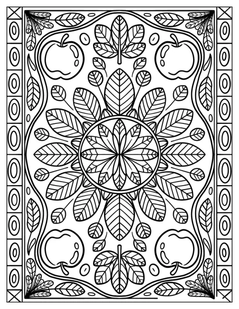 Autumn & Fall Coloring Page of Apple and Leaves Mandala Harvest