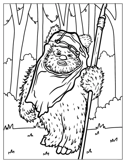 Een Ewok staat tussen de bomen van een bos.