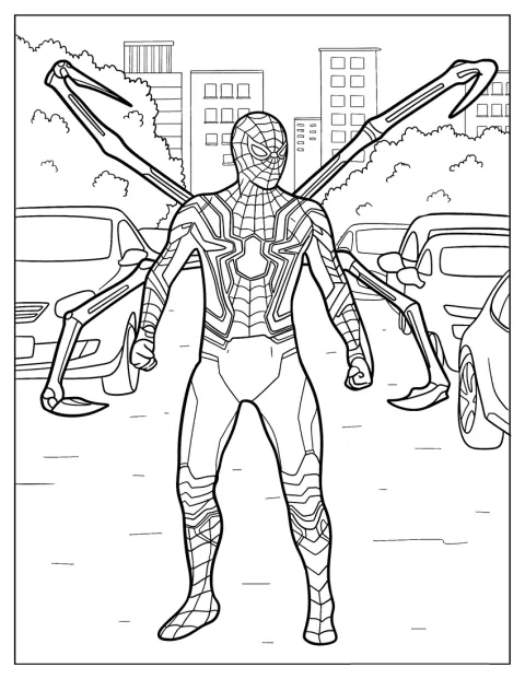 Iron Spider-Man står omgitt av biler i en bygate.