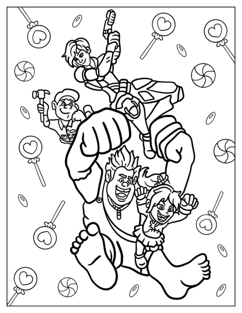 Vanellope, sergent Calhoun et Félix Fixe Junior entourent Les Mondes de Ralph.