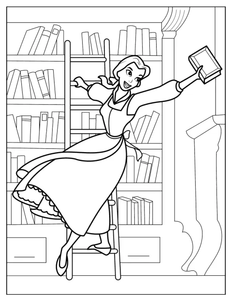 Belle tanzt zwischen den Bücherregalen eines Buchladens.