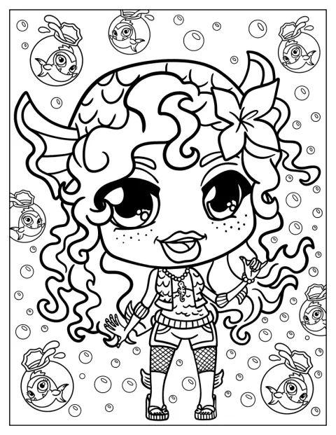 Lagoona Blue è ritratta con un’espressione dolce in stile kawaii.