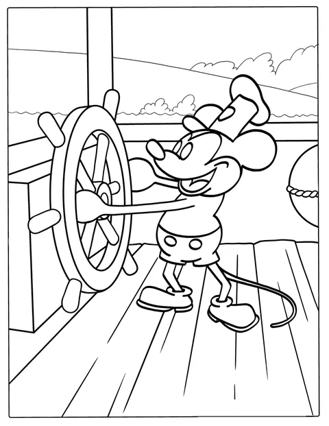 Mickey Mouse se tient à bord d’un bateau à vapeur d’époque.