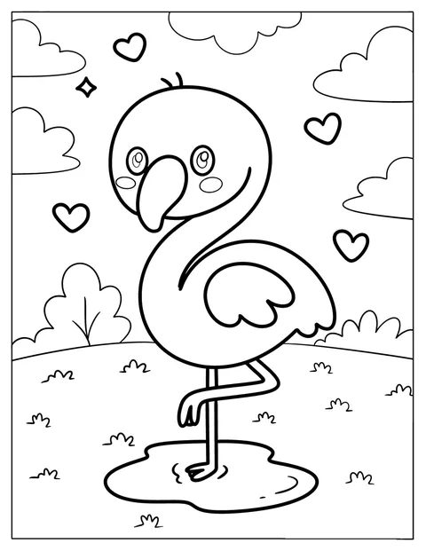 Een kawaii-flamingo staat op één poot midden in de natuur.