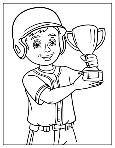 Mladý baseballista drží trofej za vítězství.