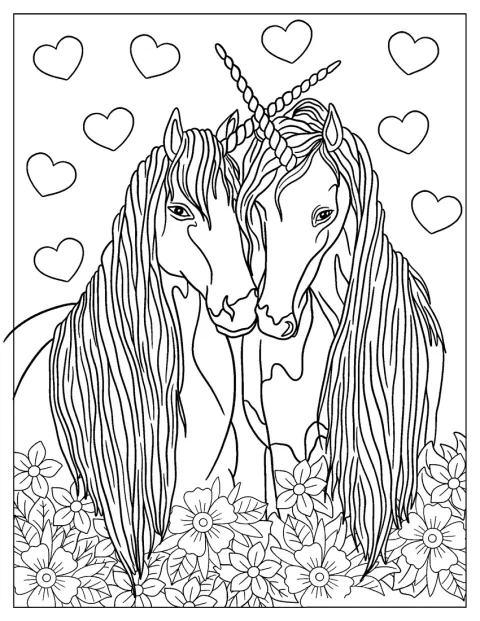 Dos unicornios con mucho detalle se abrazan cariñosamente.