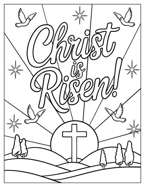 Christ is Risen with Cross and Doves on Easter Coloring Page