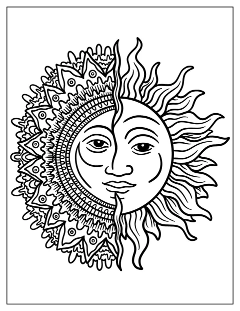 Un sol central está rodeado de formas simétricas que forman una mandala.