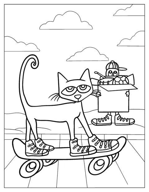 Pete the Cat gördeszkán gurul.
