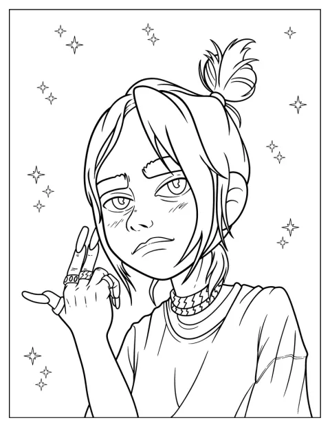 Una versión anime de Billie Eilish hace un gesto con la mano.