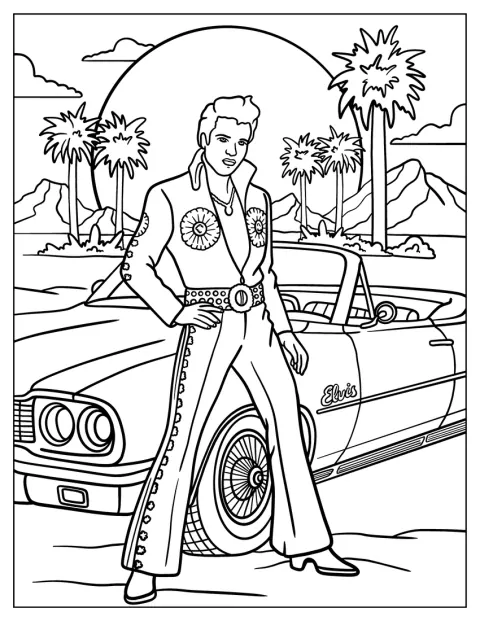 Elvis posa al lado de un coche clásico bajo el cielo del atardecer.