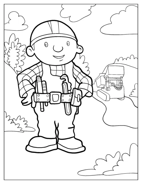 Bob constructorul poartă o centură cu scule și stă pregătit pentru lucru.