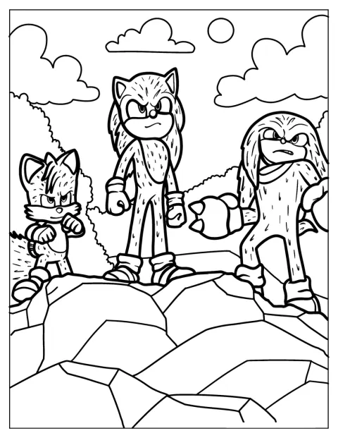 Tails, Sonic és Knuckles egy magas szikla tetején állnak.