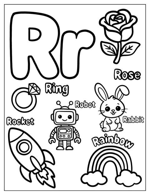 Rの周りに、バラやロケット、ウサギ、指輪、虹が集まっています。