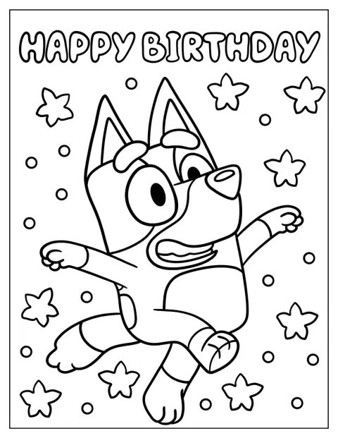Bluey pryder en festlig fødselsdagshilsen.