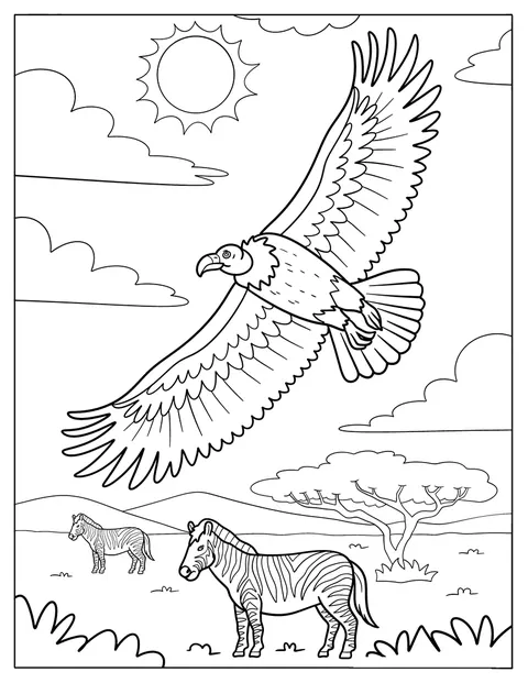 Ein Geier fliegt über Zebras in der afrikanischen Savanne.