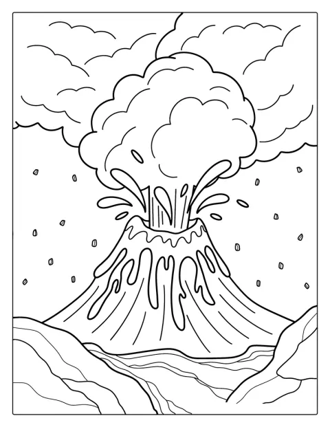 Un volcan est représenté avec son relief et son cratère.