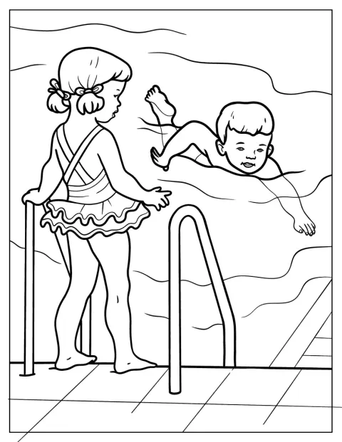 Um menino e uma menina nadam lado a lado na água.