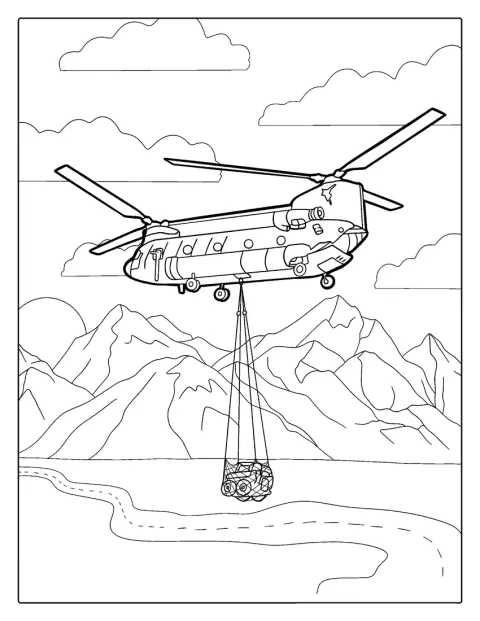 Chinook transportuje jeepa nad pasmem górskim.