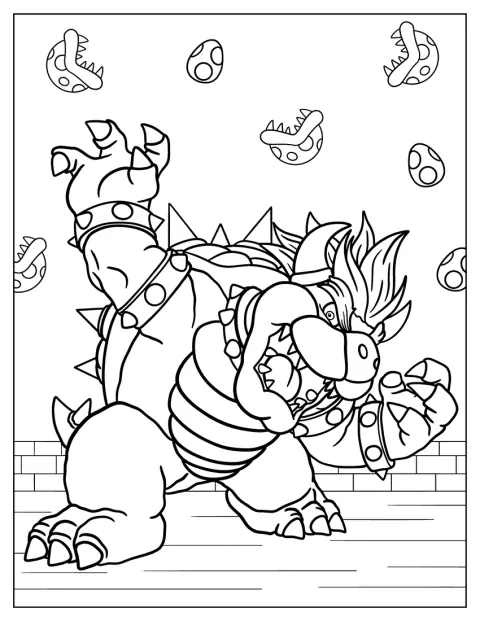 Vihainen Bowser näyttää hampaitaan ja tuijottaa suoraan eteenpäin.
