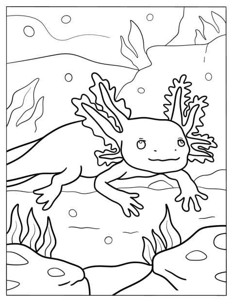 Egy nagy axolotl kúszik a tengerfenék mentén.