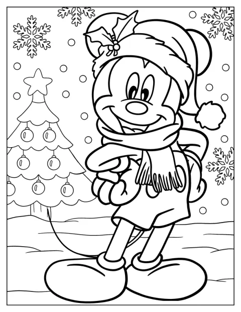 Topolino indossa una sciarpa e un cappello da Babbo Natale.