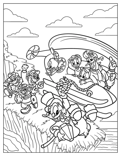 Launchpad, Dewey, Louie, Huey a Scrooge unikají před Bigtime Beaglem.