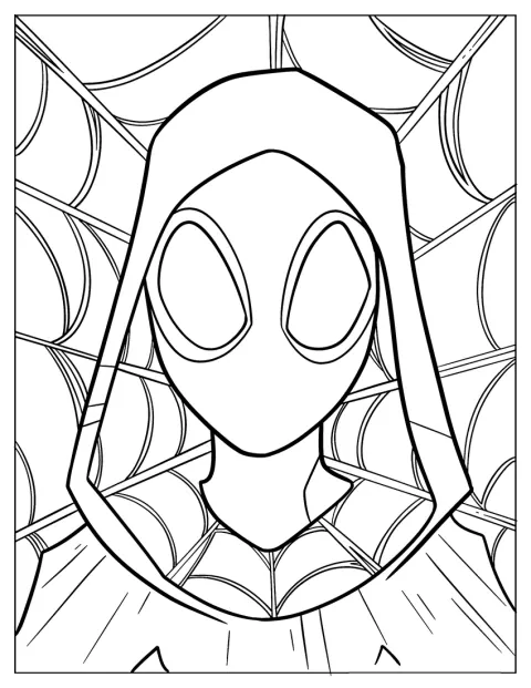 Spider-Gwens maskerede ansigt ses tæt på.