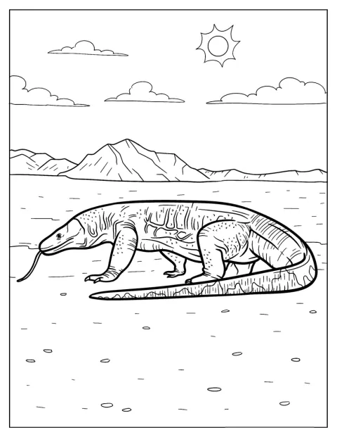 Un drago di Komodo cammina nel paesaggio desertico.