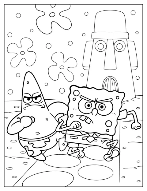 Bob Esponja y Patricio avanzan en una marcha con cara de enfado.