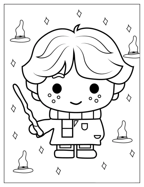 Ron Weasley ist im niedlichen Kawaii-Stil mit großen Augen gezeichnet.