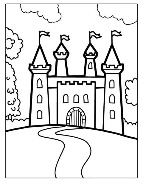 Un castel cu turnuri și steaguri este conturat în linii simple.