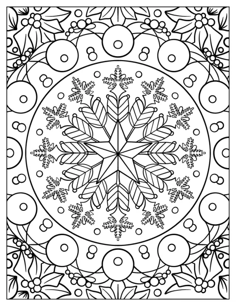 Hulstblaadjes en maretak zijn verwerkt in een ronde kerstmandala.