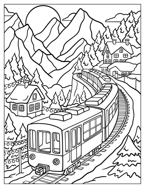 Un tren recorre los Alpes junto a cabañas iluminadas con luces de Navidad.