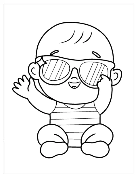 赤ちゃんがサングラスをかけて、こちらを向いています。