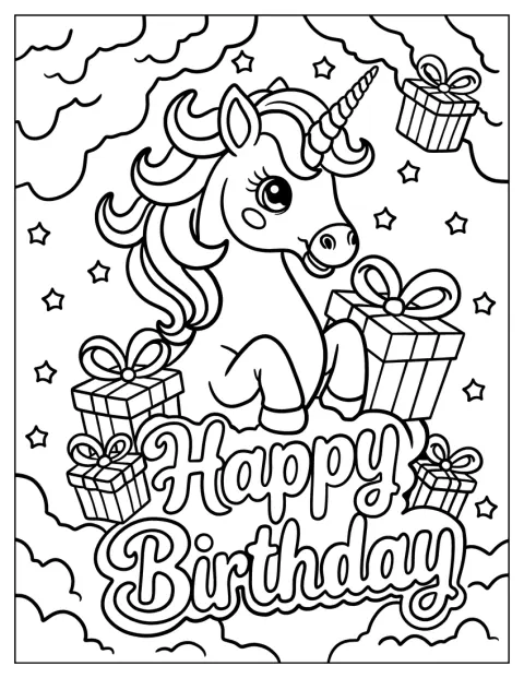 空にプレゼントが浮かぶ中、ユニコーンが誕生日をお祝いしています。
