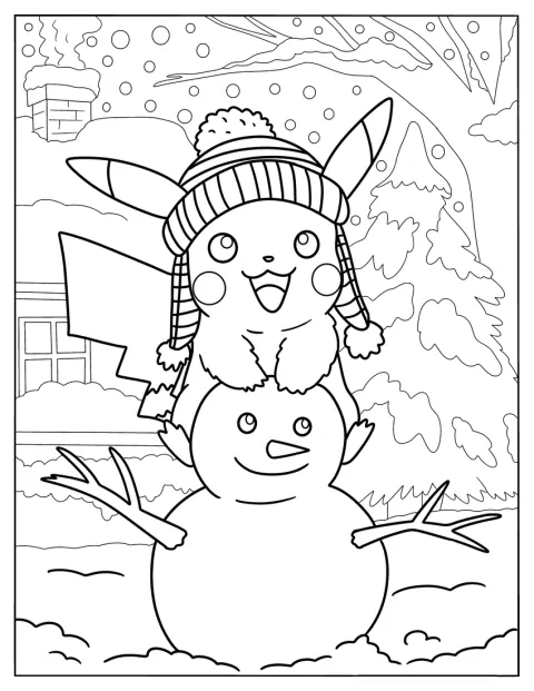 Kawaii Pikachu siedzi na szczycie bałwana w zimowej scenerii.