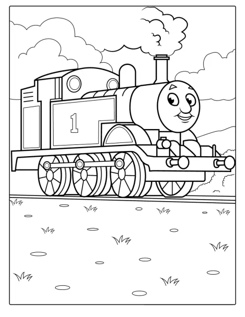 Dampf steigt aus Thomas’ Lokomotive auf, während er auf den Gleisen steht.