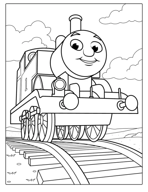 Thomas affiche un grand sourire tandis qu’il roule sur les rails.