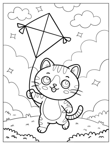 Un pequeño gato de dibujos juega con una cometa en el parque.