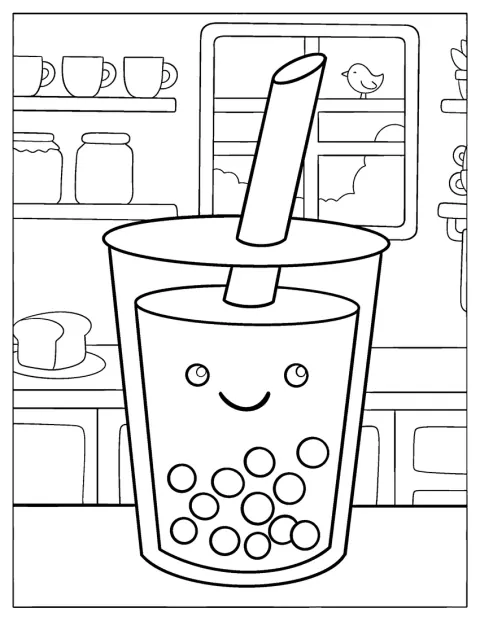 ストローのささったタピオカドリンクが、キッチンのカウンターに置かれています。