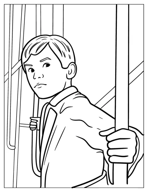 Hero Boy lener seg ut av vinduet på Polarekspressen.