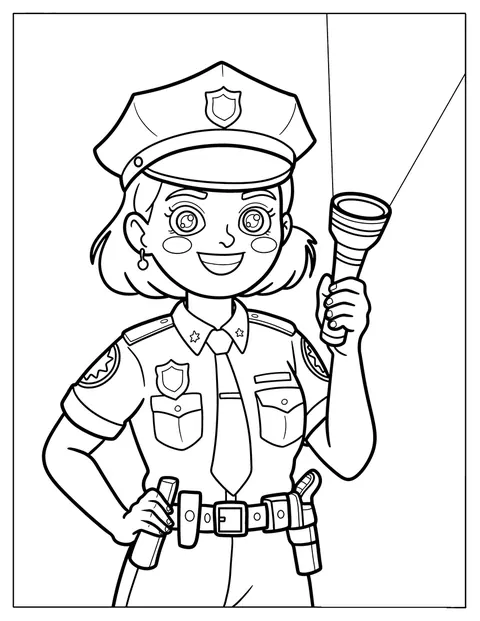 Kreslená policistka hlídkuje a svítilnou si osvětluje cestu.