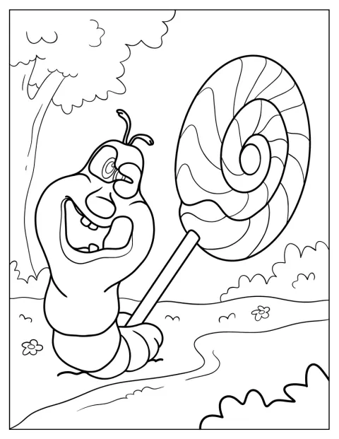 ドゥーダが大きな棒付きキャンディーを抱えて立っています。