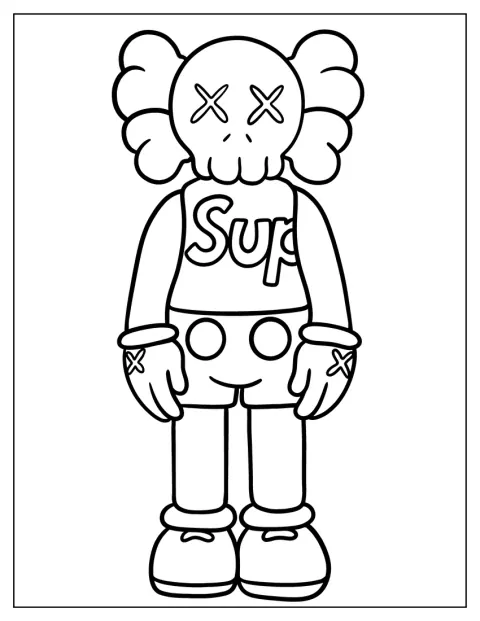 De KAWS Companion staat afgebeeld met gekruiste armen en gesloten ogen.