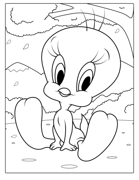 Tweety, o pequeno passarinho, aparece sozinho numa pose meiga.